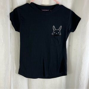 Laugh out Loud Always Bunny peeking out of pocket Black Graphic Shirt Size small